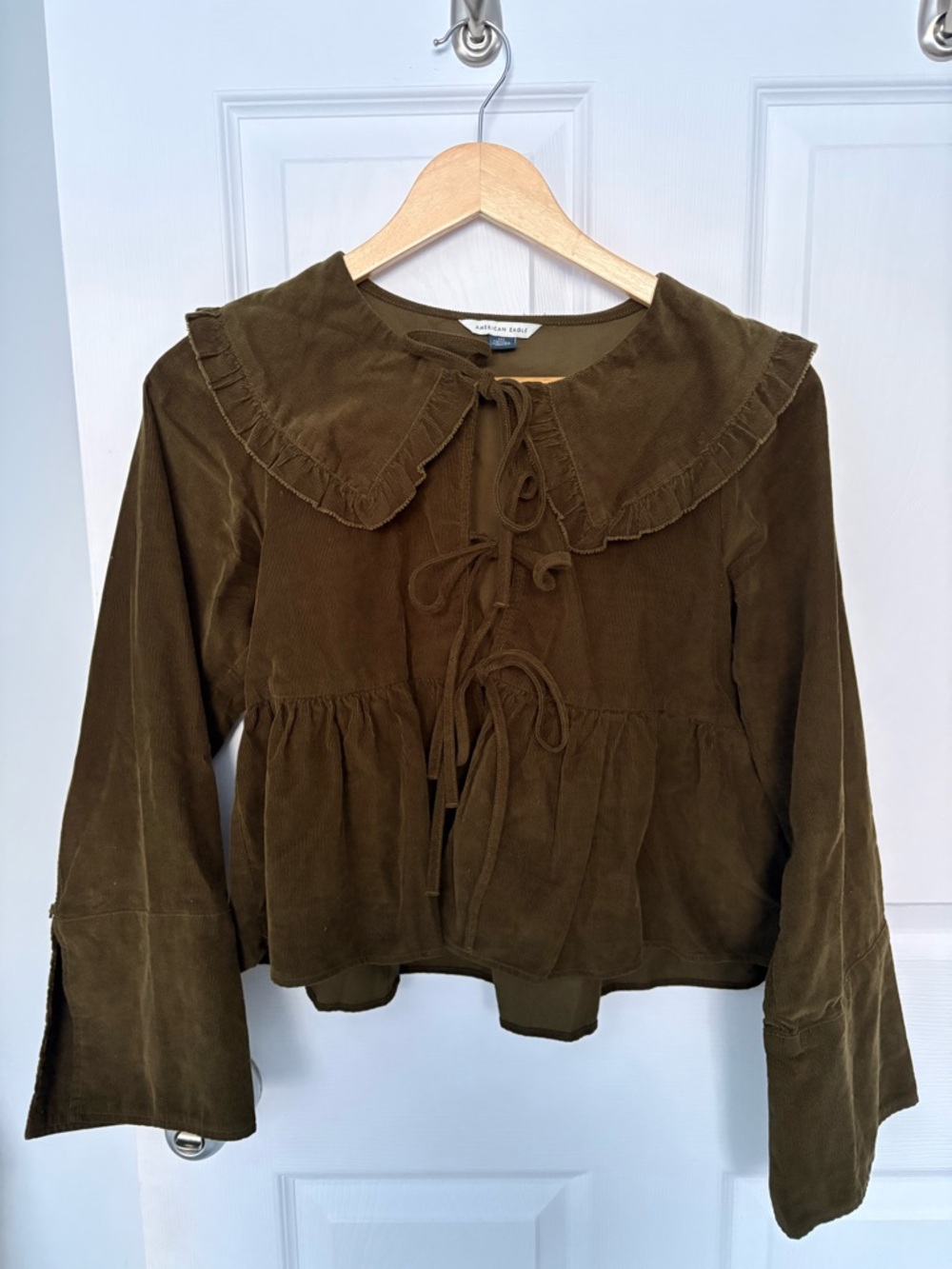 American Eagle Outfitters Olive Green Ruffle Collar Corduroy Top